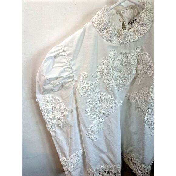 Zara Combined Poplin Cotton Blouse Top Puff Sleeve Crochet Lace Mock Neck XS - Picture 4 of 12